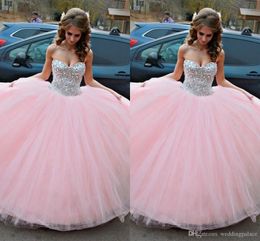 Beaded 15 Quinceanera Dresses Sweetheart Ball Gown Pink Dresses For Prom Sparkle Crystals Sweet 16 Dresses S A Line Birthday Prom Dresses