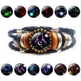 Newest 12 Zodiac Sign charm bracelet For Women Men vintage Horoscope Hobby Multi layered Leather Wrap Bangle Fashion Jewelry