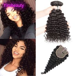 Malaysian Virgin Hair 3 Bundles With 6 By 6 Lace Closure Deep Wave Curly Human Hair Extensions With 6X6 Lace Closure Middle Three Free Part