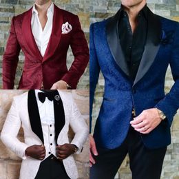 Blue Burgundy Wedding Tuxedos Mens Formal classic lapel Single Breasted skinny fit Groom Wear beach garden wedding jacquard Jacket And Vest