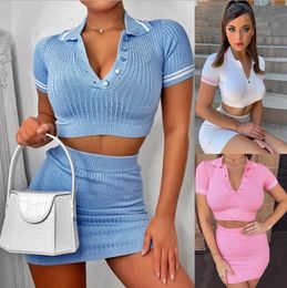 Two Piece Dress Short Sleeve Casual Bodycon Outfits Button Crop Top Knitting Ribbed Fashion Women Skirt Co-ord Set