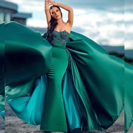 Hunter Beaded Mermaid Prom Dresses With Detachable Train Strapless Neck Evening Gowns Appliqued Floor Length Satin Formal Dress 407