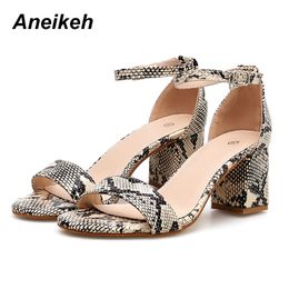 Aneikeh 2020 Leopard Print Women Sandals High Heels Summer Ankle Strap Square Heel Fashion Sandals Pumps Dropshipping Size 35-40