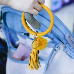 PU Leather Bracelet Key Rings Pompom Charm Bangle Keyring Tassel Ring Circle Keychain For Women Girls Wristlet Key Chain Jewellery Gifts