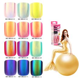 Nadeco 24pcs cobertura completa UV gel ponta de unha sereia iridescência arte de unhas unhas postiças pontas de extensão