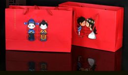 100pcs Chinese Traditional Red Double Happiness Cartoon Couple Lovers Wedding Gift Paper Bag Portable Candy Bags