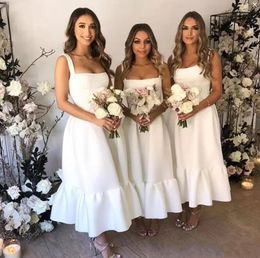 Bridesmaid Dresses White Chiffon A Line Straps Tea Length Custom Made Cheap Maid Of Honor Gown Beach Wedding Guest Party Wear 0420