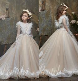 Lovely A Line Flower Girl Jewel Neck Long Sleeve Applique Pearls Feather Wedding Dress Floor Length Girl S Birthday Part