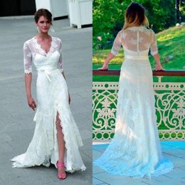 Sexy Cheap Lace Sheath Bohemian Wedding Dresses V Neck 1/2 Long Sleeves Front Split Beach Wedding Dress Bridal Gowns vestidos de novia