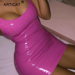 Articat Pu Leather Bodycon Women Pink Strap Sleeveless U-neck Skiny Sheath Mini Sexy Club Dress Short Vestidos C19041701
