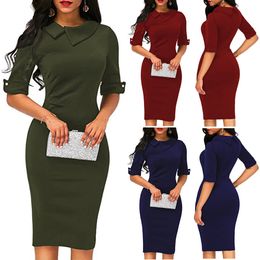 Elegant Womens BOHO Office Turn down Collar Formal Dress Ladies Business Work Party Sheath Tunic Pencil Dress