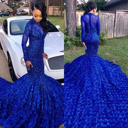 Royal Blue 2K19 Prom Dresses Sheer Neck Beads Mermaid Evening Dress Long Rose Train Sleeves See Through Back Sexy African Party Gowns