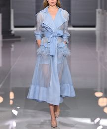 Summer European Runway Women Sexy Organza Through Trench Coat Feathers Tassel Belt Dress Turn-Down Collar Long Coat Outerwear