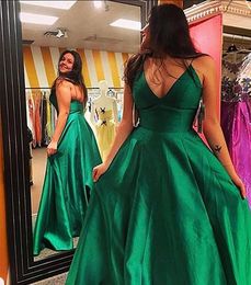 Prom Dresses 2019 Spaghetti Straps A Line V neck Floor Length Satin Evening Dresses Sleeveless With Ruffles Prom Simple Long Formal Dress