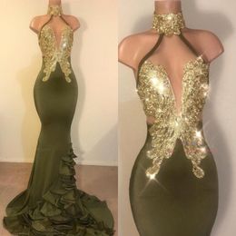 Sexy Olive Green Mermaid Prom Dresses Halter Neck Gold Appliques Backless Satin Long Mermaid Evening Gowns Vestidos Custom Made Party Dress