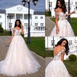 V-neck Neckline OFF the Shoulder Applique A-line Wedding Dress Backless Court Train Bridal Dress IllusionTulle vestido de novia