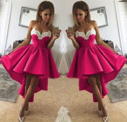 Cheap Simple Fuschia Satin Ruched High Low Short Prom Dresses White Applique Pleats Sweetheart Tail Party Homecoming Dress Ogstuff 2024