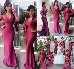 Fuchsia 2020 Cheap Bridesmaid Dresses Long Sleeves V Neck Lace Silk Satin Mermaid Sweep Train Maid Of Honour Gown Plus Size Custom Made