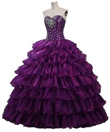 2019 New Crystal Purple Tiered Ball Gown Quinceanera Dresses Organza Plus Size Sweet 16 Dresses Debutante 15 Year Formal Party Dress BQ174