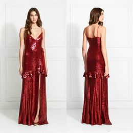 Sparkly Red Evening Dresses Sexy V Neck High Side Split Prom Gowns Ladies Red Carpet Runway Fashion Gowns