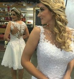 bridal party dresses for bride Canada - Little Short Lace Wedding Dresses Crystal Beaded Applique Jewel Cap Sleeve See Though Back Bridal Party Dress For Bride Wedding Gowns Cheap