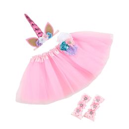 Infant Babies 3pcs Set Party Photos Clothes Set Flowers Unicorn Headband + Lace Tulle Tutu Skirt + Cover Barefoot First Walker Shoes 219