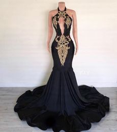 Black Mermaid Long Prom Dresses 2020 Sexy Halter Backless Cut-Out Front Gold Lace Backless African Black Girl Prom Dress