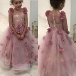 Cute Pink Flower Girls Dresses For Weddings 3D Floral Appliqued Kids Formal Wear Fashion Pageant Outfit Gowns vestidos de primera