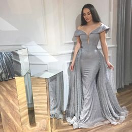 Grey Mermaid Beaded Evening Dresses Off The Shoulder Plunging Neck Formal Dress Floor Length Plus Size Tulle Prom Gowns 407