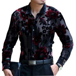 Luxury Men Transparent Shirt Club Party Prom Sexy Male Shirt Frolal Print Wedding Marriage Chemise Homme