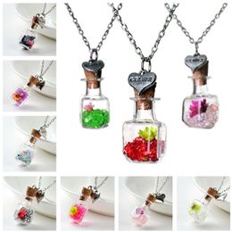 Dried Flower Floating Bottle Necklace Square Glass Bottle Crystal Pendant DJN287 mix order Pendant Necklaces Jewellery