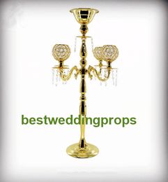 Gold Silver Candlestick five holder Wedding Prop Candle Holders Table Ornament Candelabra With Crystal Pendants