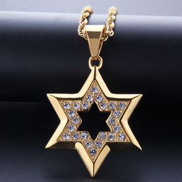 Hip Hop Bling Iced Out Rhinestone Gold Stainless Steel Jewish Star of David Hexagram Pendant Necklace for Men Rapper Jewelry