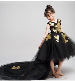 Sparkly Flower Girls Dresses Gold Embellished Lace Black Hi Low Tulle Jewel Girls Pageant Dresses Applique First Communion Dress Q136