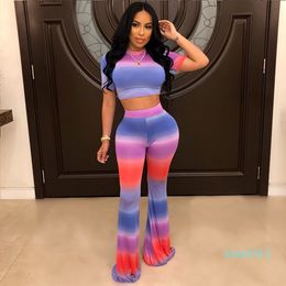 Fashion-2pcs Women Colourful Striped Clothes Sets Casual Sports Suit Short Sleeve Crop Tops Female Skinny Top +Flare Long Pants Clothing