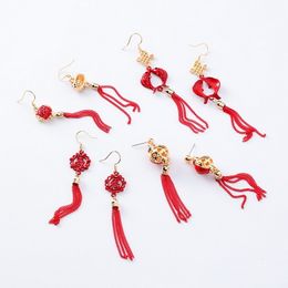 Traditional Holiday Red Lantern Chinese knot Carp Fish Long Tassel Dangle Earrings For Women Jewelry Pendientes XE1333