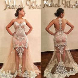 See Through Prom Dresses Sexy Illusion Back Zipper Lace Appliques Mermaid Evening Dress V Neck Cocktail Party Gowns