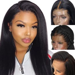 Lace Front Wig Hand tied Synthetic Hair Long Yaki Straight Wigs For Black/African Women Pre Plucked Hairline Hairstyles Wigs