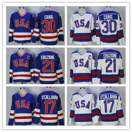 Men's Vintage 1980 USA Hockey Jersey 30 Jim Craig 21 Mike Eruzione 17 Jack O'Callahan Team USA Miracle On Alternate Jerseys Stitched