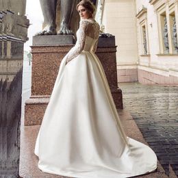 Modest manga comprida vestido de casamento 2020 New colher Cetim Appliqued A linha de Vestido de Noiva com bolsos Vestidos de Novia 13