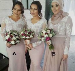 Lace Long Sleeve Prom Bridesmaid Dresses Cheap 2020 Muslin Wedding Guest Dress Applique Maid Of Honour Mermaid A-line Custom Made Evening