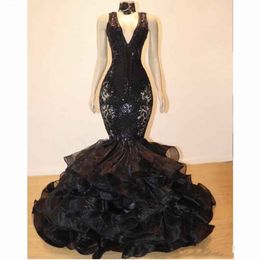 Sexy V Neck Prom Dresses Mermaid Ruffles Organza Evening Party Wear Plus Size Black Girl Lace Celebrity Party Dress