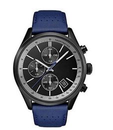 Fashion Quartz Chronograph Men's Watch Black Dial Leather Band Watch Men's 44mm Blue Leather Band 1513563 +box