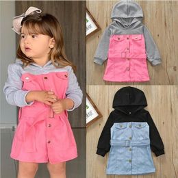 Kids Clothes Baby Girls Patchwork Hooded Dress Child Single Breasted Sweater Dresses with Belt Spring Autumn Long Sleeve Outerwear CYP589