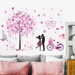 [shijuekongjian] Cartoon Couples Wall Stickers DIY Tree Bike Wall Decals for Living Room Bedroom Home Decoration