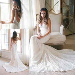 Sexy Lace Mermaid Wedding Dresses Spaghetti Straps Beaded Crystals Backless Court Train Summer Beach Wedding Bridal Gowns robes de mariée