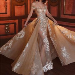 Champagne Mermaid Prom Dress Off the Shoulder V Neck Appliques Beading Organza illusion Short Sleeve Detachable Tail Formal Party Gowns