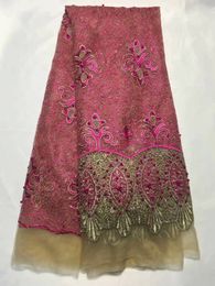 5yards pc beautiful fuchsia embroidery french net lace fabric with beads african mesh material for dress qn813