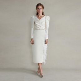 Ivory Straight Tea Length Mother of the Bride Dresses V Neck Long Sleeve Feather Formal Dress Ruched Satin Evening Gowns