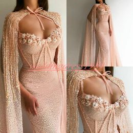 Sexy Bling Sequins Arabic Evening Dresses With Cloak Floral Beads Party Formal Sheath Robe De Soiree Sparling Guest Wear Plus Size Prom Gown